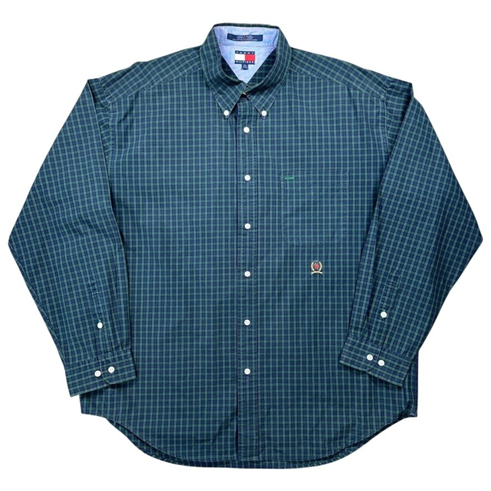 Vintage 90s Tommy Hilfiger Button Down Shirt Mens XL Crest Logo Green Blue Plaid